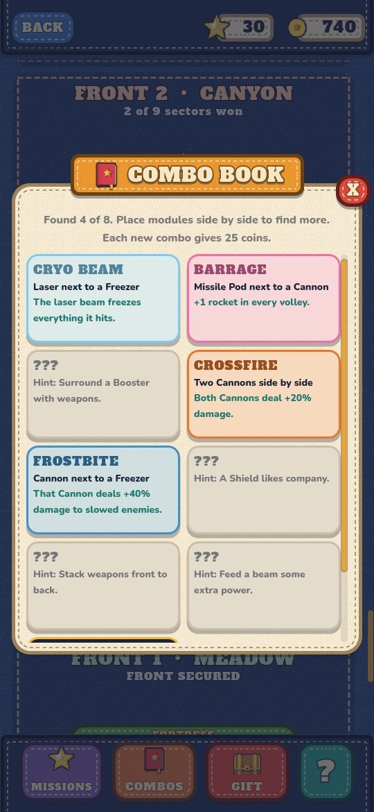 The Combo Book listing discovered combos such as Cryo Beam, Barrage and Crossfire