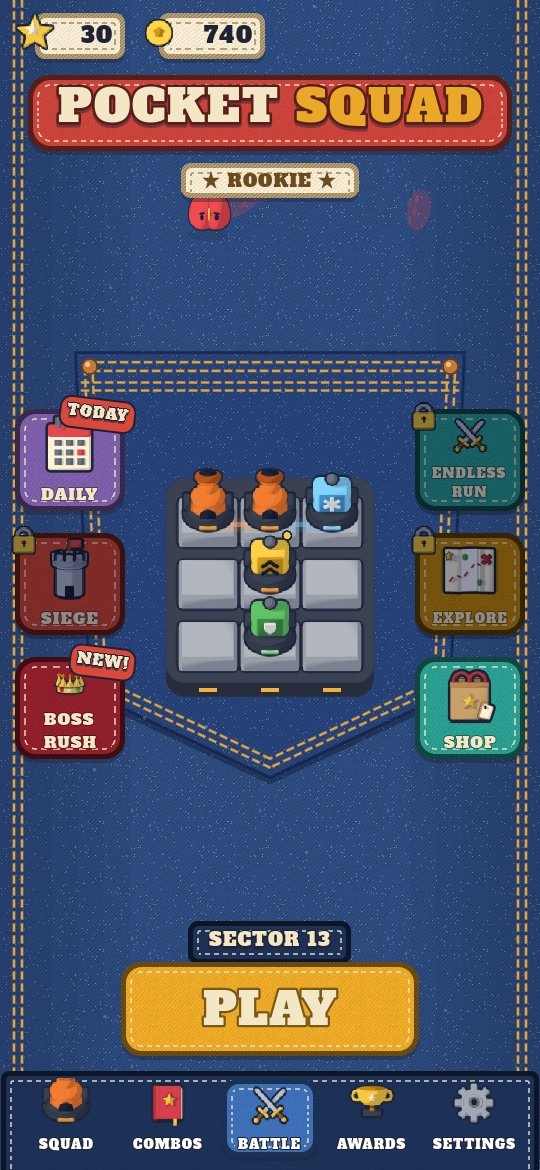 Pocket Squad home screen with the squad on its platform and the play button